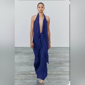 Zara Linen Deep V Halter Maxi Dress in Royal Blue